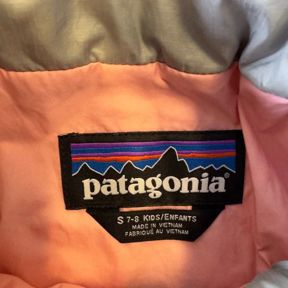 Patagonia Kids Small 7-8 Gray Quilted Full Zip Puffer Jacket Pink Trim